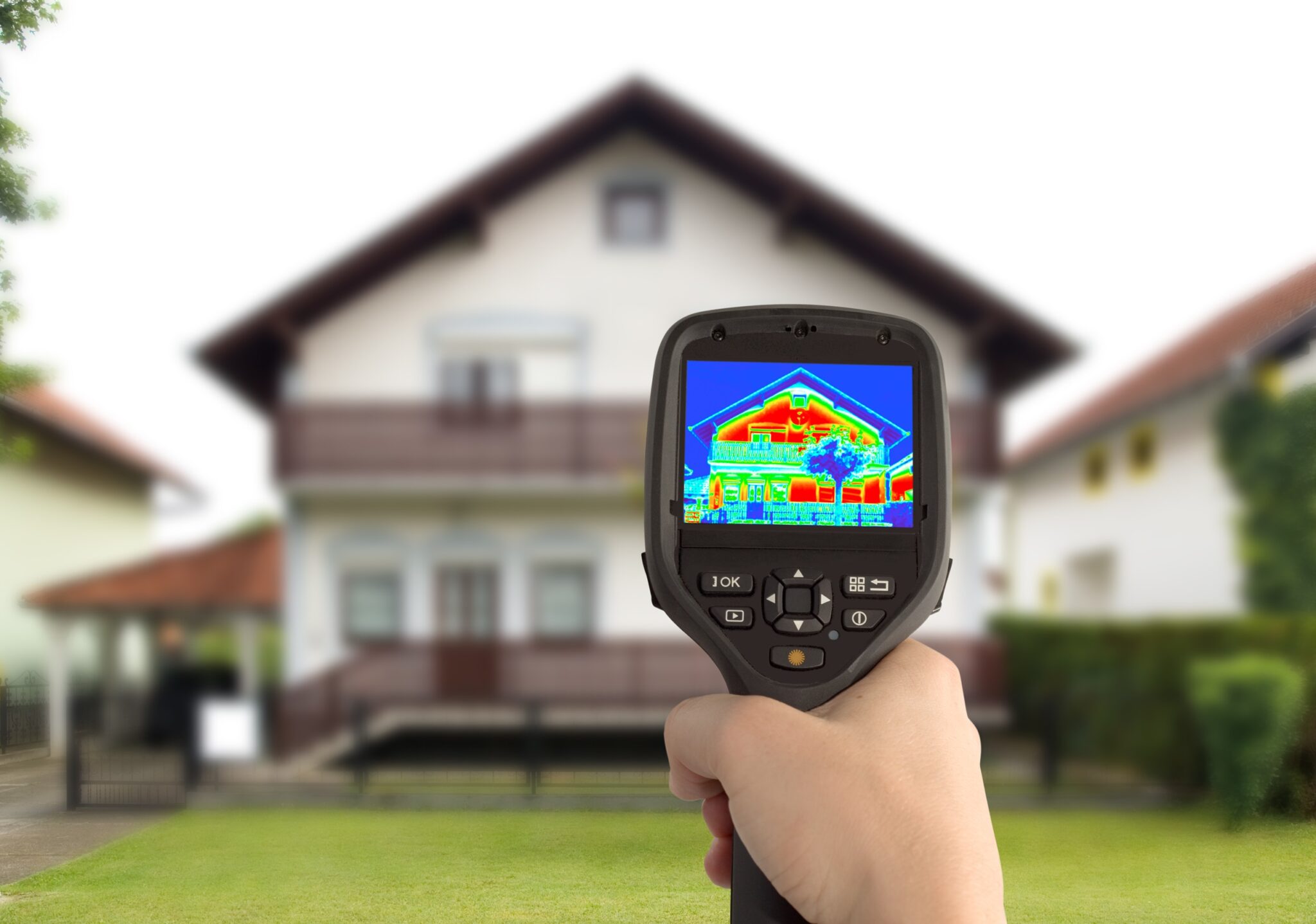 Inspector holding up thermal measuring tool to measure heat levels in residential home.