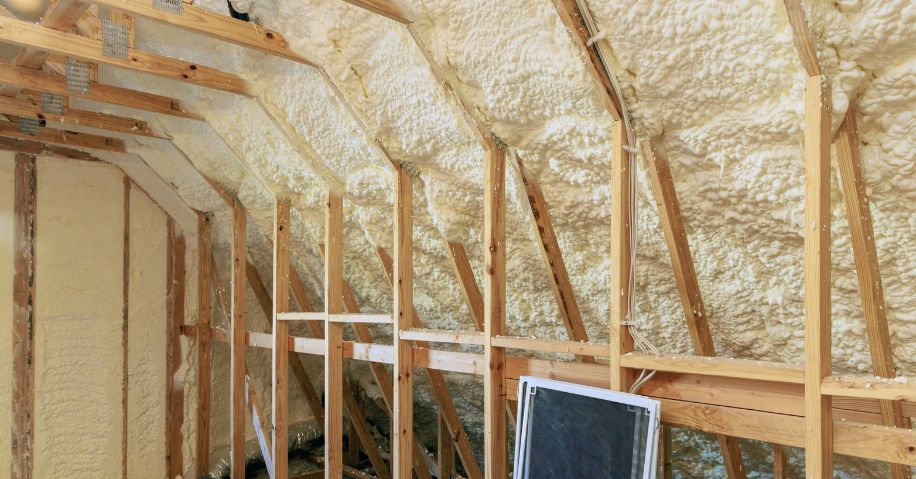 An attic with exposed foam wall insulation.